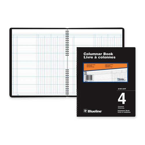 Blueline 767 Series Double Format Columnar Book - 80 Sheet(s) - Spiral Bound - 10" x 12 1/4" Sheet Size - 4 Columns per Sheet - White Sheet(s) - Black Cover - Recycled - 1 Each