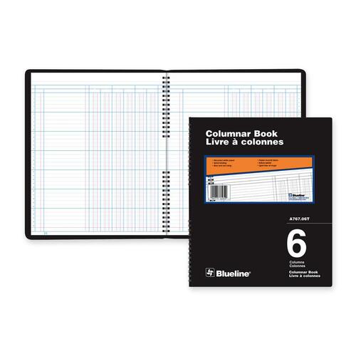 Blueline 767 Series Double Format Columnar Book - 80 Sheet(s) - Spiral Bound - 10" x 12 1/4" Sheet Size - 6 Columns per Sheet - White Sheet(s) - Black Cover - Recycled - 1 Each