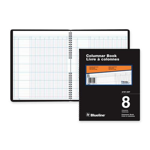 Blueline 767 Series Single Format Columnar Book - 80 Sheet(s) - Spiral Bound - 10" x 12 1/4" Sheet Size - 8 Columns per Sheet - White Sheet(s) - Black Cover - Recycled - 1 Each