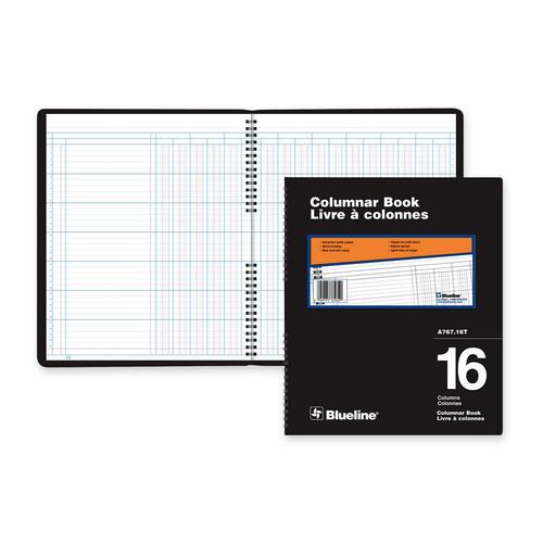 Blueline 767 Series Double Format Columnar Book - 80 Sheet(s) - Spiral Bound - 10" (254 mm) x 12.25" (311.15 mm) Sheet Size - 16 Columns per Sheet - White Sheet(s) - Black Cover - Recycled - 1 Each