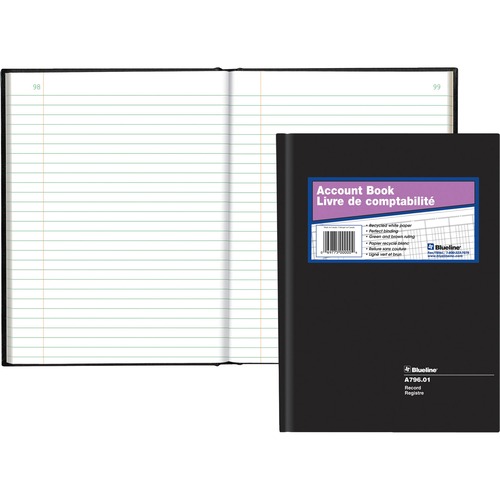 Blueline® A796 Series Account Books - 200 Sheet(s) - Perfect Bind - 7 11/16" x 10 1/4" Sheet Size - White Sheet(s) - Black Cover - Recycled - 1 Each - Accounting/Columnar/Record Books & Pads - BLIA79601