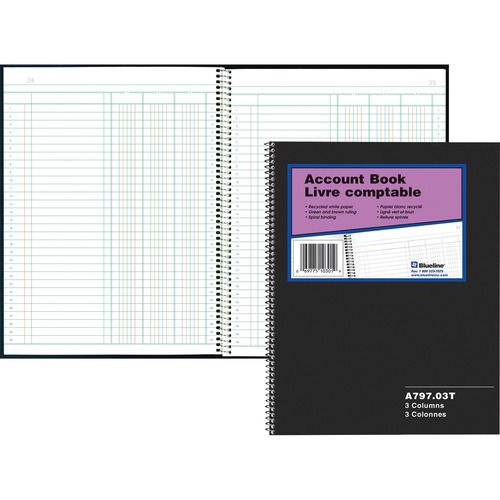 Blueline 797 Series Accounting Book - 100 Sheet(s) - Spiral Bound - 8" x 10 1/4" Sheet Size - 3 Columns per Sheet - White Sheet(s) - Black Cover - Recycled - 1 Each - Accounting/Columnar/Record Books & Pads - BLIA79703T