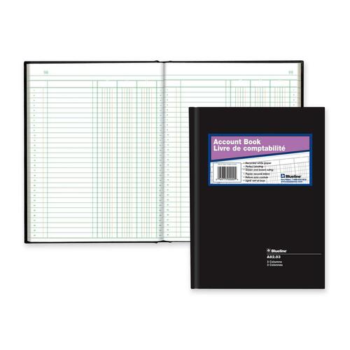 Blueline 82 Series Accounting Book - 112 Sheet(s) - Perfect Bind - 7 11/16" x 10 1/4" Sheet Size - 3 Columns per Sheet - White Sheet(s) - Black Cover - Recycled - 1 Each