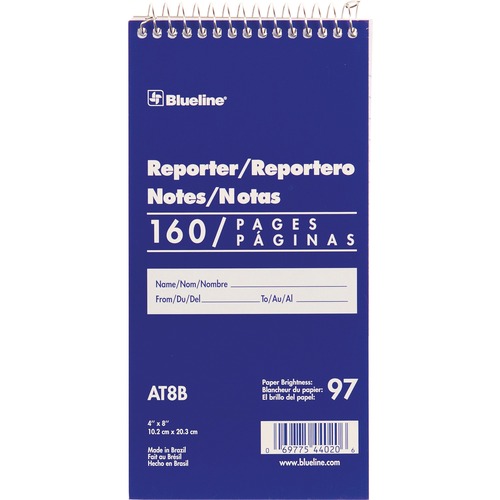 Blueline Reporter Notebook - 160 Sheets - Spiral - 4" x 8" - White Cover - 1 Each = BLIAT8B