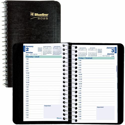 Blueline Pocket Daily Planner 3-1/2"x 6" , Bilingual, Black - Daily - January 2025 - December 2025 - 7:00 AM to 7:30 PM - Half-hourly - 1 Day Single Page Layout - 3 1/2" x 6" Sheet Size - Spiral Bound - Black - Bilingual, Appointment Schedule, Notes Area,