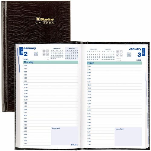 Blueline® Traditional Daily Planner - Daily - 1 Year - January 2024 - December 2024 - 7:00 AM to 7:30 PM - Half-hourly - 5" x 8" Sheet Size - Black - 1 Each