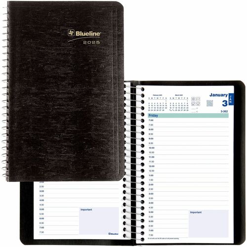 Blueline Daily Planner 8"x 5" Spiral Bind, English, Black - Julian Dates - Daily - 1 Year - January 2025 - December 2025 - 7:00 AM to 7:30 PM - Half-hourly - 1 Day Single Page Layout - 5" x 8" Sheet Size - Spiral Bound - Black - Appointment Schedule, Refe