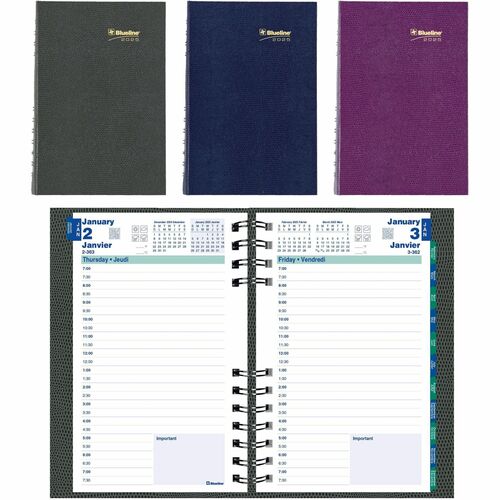 Blueline® CoilPro Daily Planner 8" x 5" Assorted Colours Bilingual - Julian Dates - Daily - 12 Month - January 2025 - December 2025 - 7:00 AM to 7:30 PM - Half-hourly - 1 Day Single Page Layout - 5" x 8" Sheet Size - Assorted - Bilingual, Laminated, H
