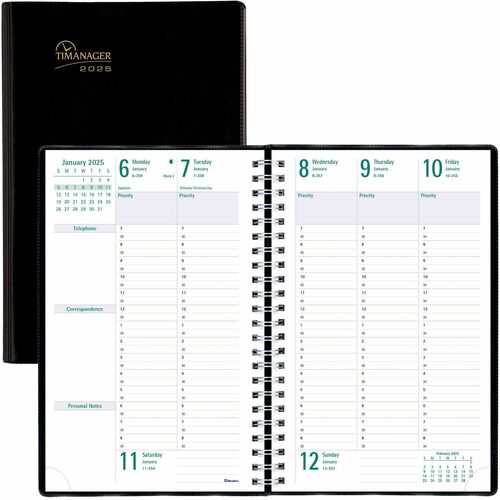 Blueline Blueline 13-Month Weekly Planner - Julian Dates - Weekly - December 2023 - December 2024 - 7:00 AM to 8:30 PM - Half-hourly - 1 Week Double Page Layout - 6" x 9 3/8" Sheet Size - Twin Wire - Vinyl - Black - Appointment Schedule, Reference Calenda