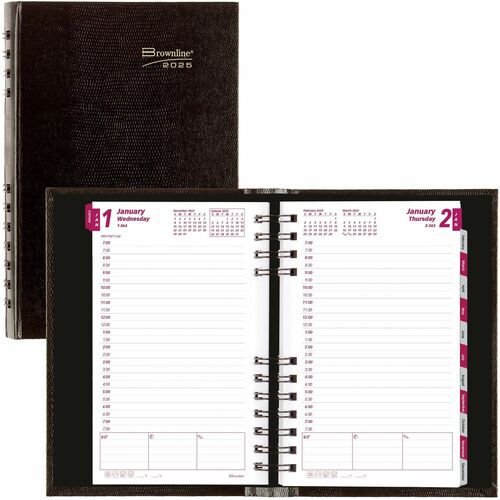 Brownline® CoilPro™ Daily Planner - Daily - January 2024 till December 2024 - 7:00 AM to 7:30 PM - Half-hourly - 1 Day Single Page Layout - Twin Wire - Black - 8" Height x 5" Width - Notepad, Reminder Section, Reference Calendar, Phone Directory