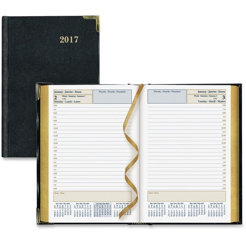 Brownline Executive Daily Pocket Appointment Book - Daily - January 2024 - December 2024 - 7:00 AM to 6:00 PM - Half-hourly - 1 Day Single Page Layout - 7 1/4" x 4 3/4" Sheet Size - Sewn - Black - Leather - Trilingual - 1 Each