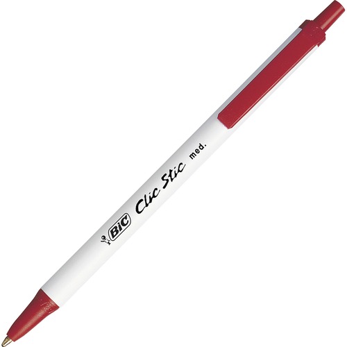 BIC Clic Stic Retractable Ballpoint Pens - Medium Pen Point - Retractable - Red - White Barrel - 1 Dozen