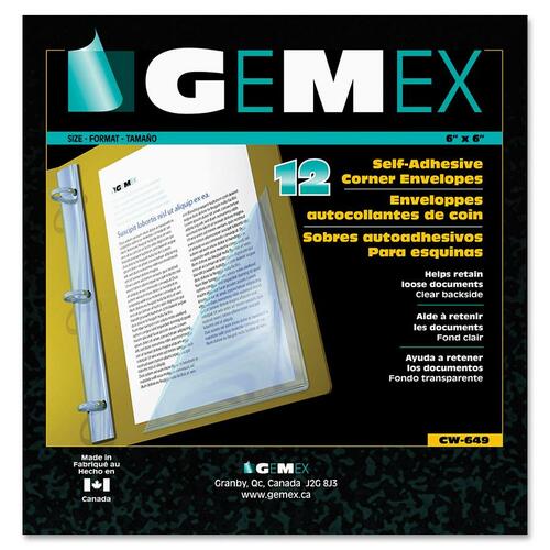 Gemex Vinyl Self-Adhesive Corner Envelopes - Clear - Vinyl - 12 / Pack