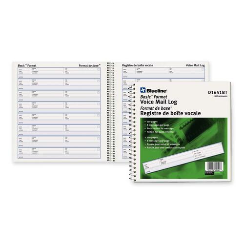 Blueline Bilingual Voicemail Log Book - 100 Sheet(s) - Spiral Bound - 8 1/4" x 8 3/8" Sheet Size - White Cover - Recycled - 1 Each