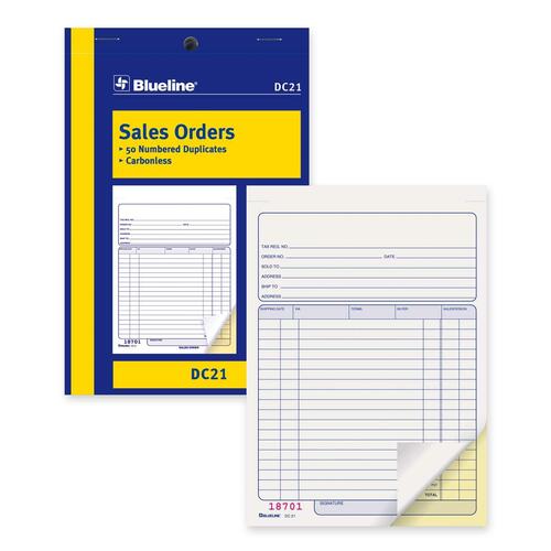 Blueline Sales Order Book - 50 Sheet(s) - 2 PartCarbonless Copy - 5 3/8" x 8" Sheet Size - Blue Cover - 1 Each