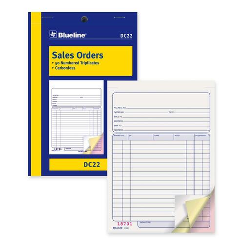 Blueline Sales Order Book - 50 Sheet(s) - 3 PartCarbonless Copy - 5.38" (136.53 mm) x 8" (203.20 mm) Sheet Size - Blue Cover - 1 Each