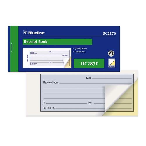 Blueline Receipt Forms Book - 50 Sheet(s) - 2 PartCarbonless Copy - 6 3/4" x 2 3/4" Sheet Size - Blue Cover - 1 Each - Receipt Books - BLIDC2870