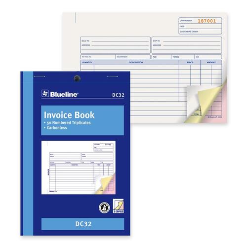 Blueline Invoice Book - 50 Sheet(s) - 3 PartCarbonless Copy - 8" (203.20 mm) x 5.38" (136.53 mm) Sheet Size - Blue Cover - 1 Each