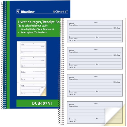 Blueline Receipt Book - 200 Sheet(s) - Spiral Bound - 2 PartCarbonless Copy - 6 5/8" (16.8 cm) x 10 5/8" (27 cm) Sheet Size - Blue Cover - 1 Each = BLIDCB4074T