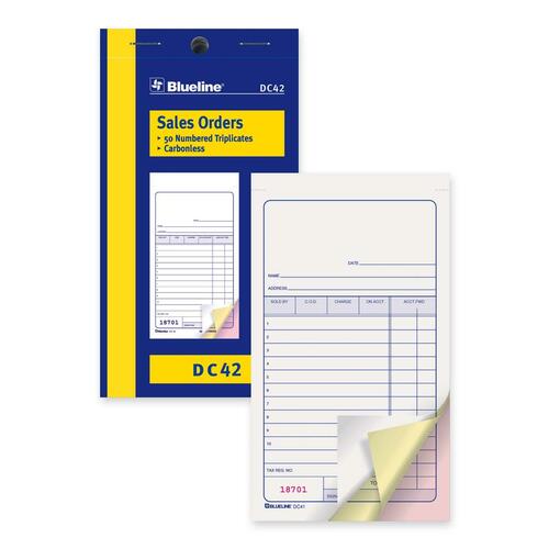 Blueline Sales Order Book - 50 Sheet(s) - 3 PartCarbonless Copy - 3 1/2" (8.9 cm) x 6 1/2" (16.5 cm) Sheet Size - Blue Cover - 1 Each
