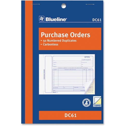 Blueline Purchase Order Form Book - 50 Sheet(s) - 2 PartCarbonless Copy - 8" (20.3 cm) x 5 3/8" (13.7 cm) Sheet Size - Blue Cover - 1 Each = BLIDC61