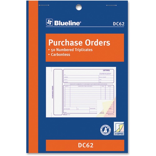 Blueline Purchase Order Form Book - 50 Sheet(s) - 3 PartCarbonless Copy - 8" (203.20 mm) x 5.38" (136.53 mm) Sheet Size - Blue Cover - 1 Each