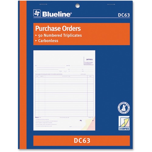 Blueline Purchase Order Form Book - 50 Sheet(s) - 3 PartCarbonless Copy - 8 1/2" (21.6 cm) x 11" (27.9 cm) Sheet Size - Blue Cover - 1 Each = BLIDC63