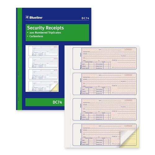 Blueline Security Receipt Forms Book - 200 Sheet(s) - 2 PartCarbonless Copy - 8" x 11" Sheet Size - Blue Cover - 1 Each
