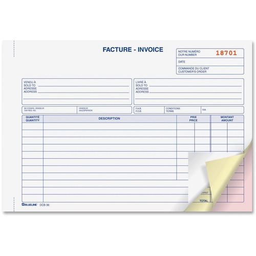 Blueline Bilingual Invoice Book - 50 Sheet(s) - 3 PartCarbonless Copy - 8" x 5 3/8" Sheet Size - Blue Cover - 1 Each - Invoice Forms - BLIDCB37