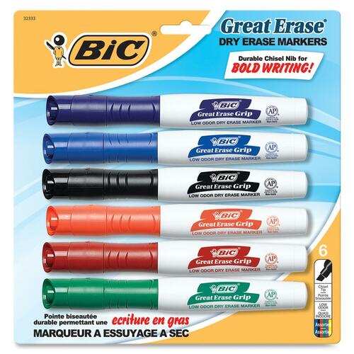 BIC Great Erase Whiteboard Marker - Chisel Marker Point Style - Green, Black, Blue, Red - 6 / Pack
