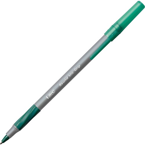 BIC Round Stic Grip Ballpoint Pen - Medium Pen Point - Green Ink - Frost Barrel - 1 Dozen