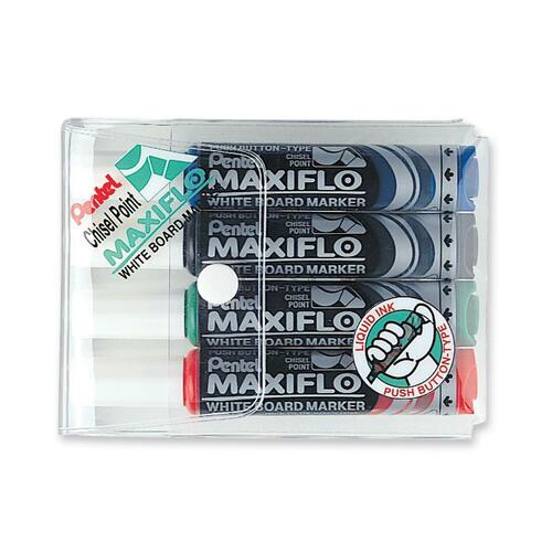 Pentel Whiteboard Maxi Marker - Chisel Marker Point Style - Blue, Black, Red, Green Alcohol Based Ink - Clear Barrel - 4 / Pack - Dry Erase Markers - PENMWL64