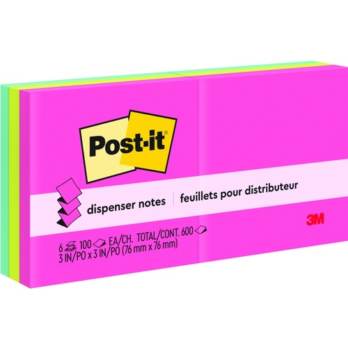 Post-it® Pop-Up Refill Notes - 3" x 3" - Square - Neon - 6 / Pack - Adhesive Note Pads - MMMR330AN