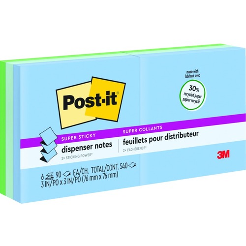 Post-it Pop-up Super Sticky Notes Refill - BORA BORA - 3" x 3" - Square - Aqua Wave, Neptune Blue, Orchid - 6 / Pack - Adhesive Note Pads - MMMR3306SSTC