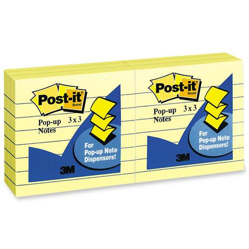 3M Ruled Pop-Up Notes - 3" x 3" - Square - Ruled - Yellow - 6 / Pack