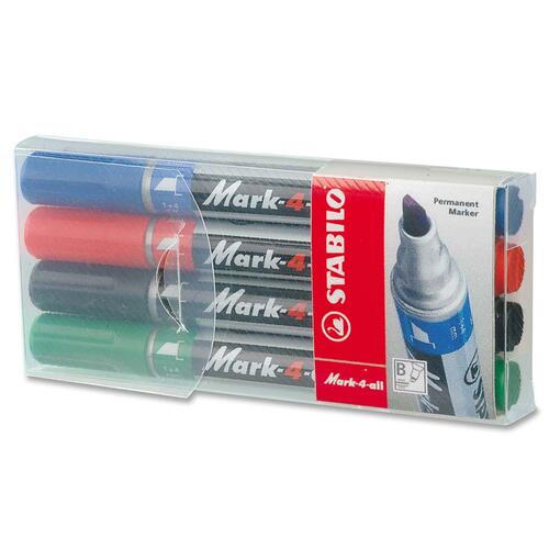 Schwan-STABILO Mark-4-All Permanent Marker - Chisel Marker Point Style - Green, Red, Blue, Black Alcohol Based Ink - 4 / Set - Permanent Markers - SWSS6604