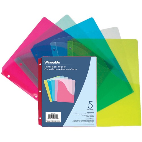 Winnable Slant Binder Pocket - 100 x Sheet Capacity - For Letter 8 1/2" x 11" Sheet - Ring Binder - Rectangular - Clear, Blue, Red, Green, Yellow - 5 / Pack - Binder Pockets - WNNSP01AD