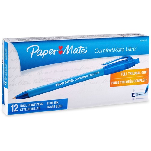 Paper Mate Comfort Mate Retractable Pens - Medium Pen Point - Retractable - Blue - Rubber Barrel - 1 Dozen = PAP6310187