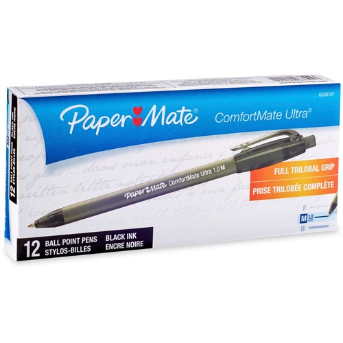 Paper Mate Comfort Mate Retractable Pens - Medium Pen Point - Retractable - Black - Black Rubber Barrel - 12 / Dozen