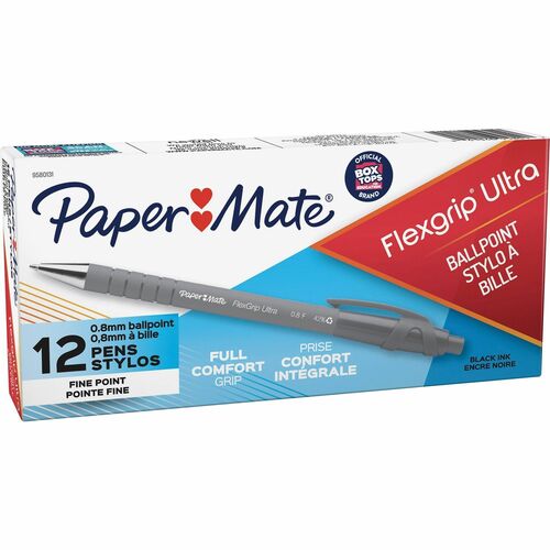 Paper Mate Flexgrip Ultra Retractable Pens - Fine Pen Point - Refillable - Retractable - Black Alcohol Based Ink - Rubber Barrel - 12 / Dozen