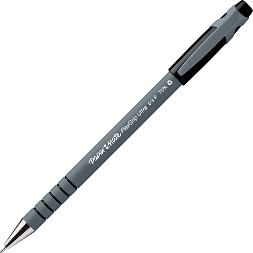Paper Mate Flexgrip Ultra Recycled Pens - Fine Pen Point - Black - Black Rubber Barrel - 12 / Box