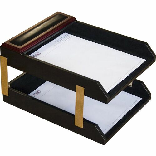 Dacasso Rosewood & Leather Double Letter Trays - 7.3" Height x 10.5" Width x 13.8" DepthDesktop - Black - Wood, Leather - 1 Each