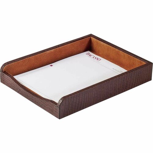 Dacasso Crocodile Embossed Single Letter Tray - 2" x 10.5" - Leather - Brown