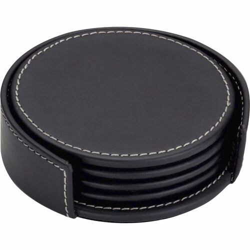 Dacasso Coaster Set with Holder - 4 Coaster Diameter - Circle - Black - Leather - 1 Set