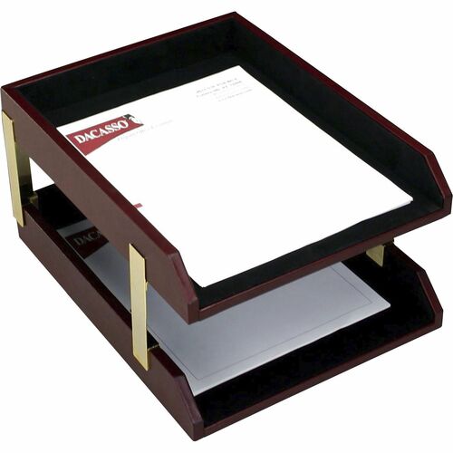 Dacasso Desk Tray - 2" x 10.5" x 13.75" - Leather - Burgundy, Golden Tray, Rod