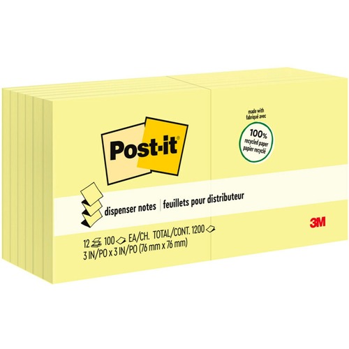Post-it® Greener Dispenser Notes - 1200 - 3" x 3" - Square - 100 Sheets per Pad - Unruled - Yellow - Paper - Self-adhesive, Repositionable, Non-smearing - 12 / Pack - Recycled