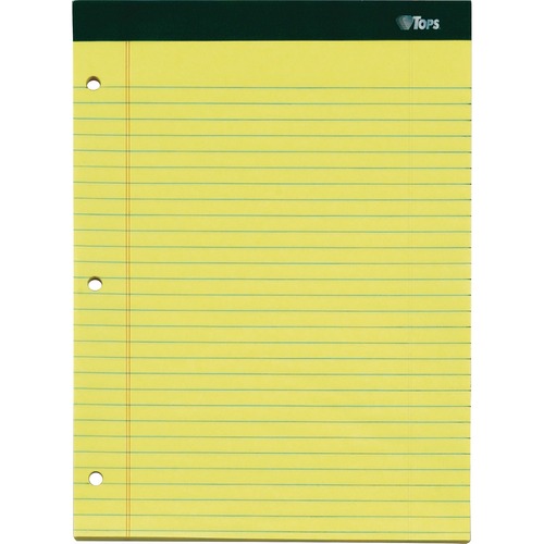 TOPS Double Docket Ruled Writing Pads - Letter - 100 Sheets - Double Stitched - 0.34" Ruled - 16 lb Basis Weight - Letter - 8 1/2" x 11" - Canary, Canary Paper - Green Binder - Perforated, Stiff-back, Resist Bleed-through - 3 / Pack = TOP63392