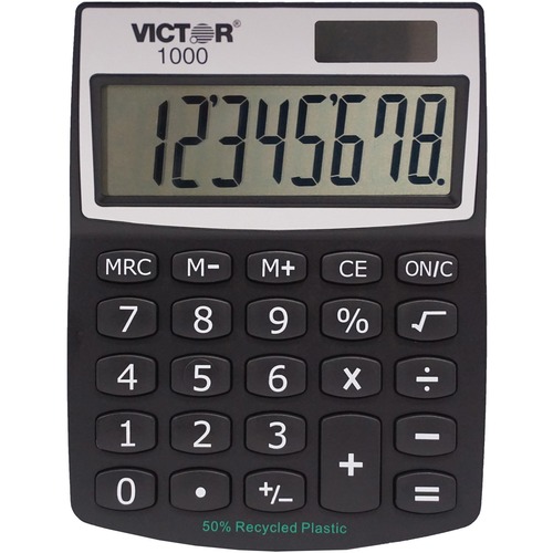 Victor 1000 Mini Desktop Calculator - Large LCD, Battery Backup, Independent Memory, Plastic Key, Dual Power - 0.71" (18 mm) - 8 Digits - LCD - Battery/Solar Powered - 0.5" (12.70 mm) x 3.3" (82.55 mm) x 4.3" (107.95 mm) - Black - Plastic - 1 Each