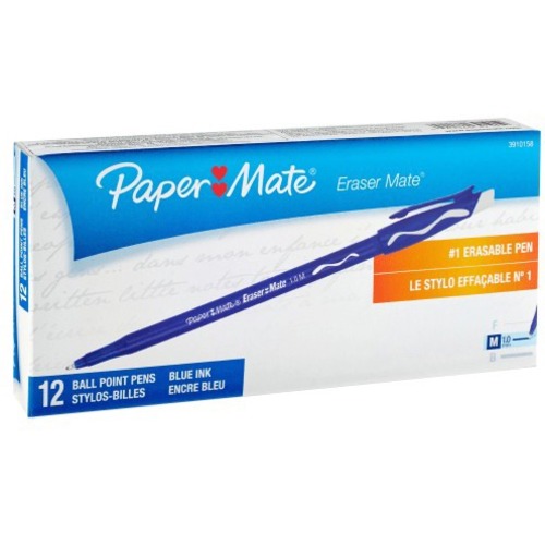 Paper Mate Erasermate Ballpoint Pen - Medium Pen Point - Erasable - Blue Ink - Blue Barrel - 12 / Box