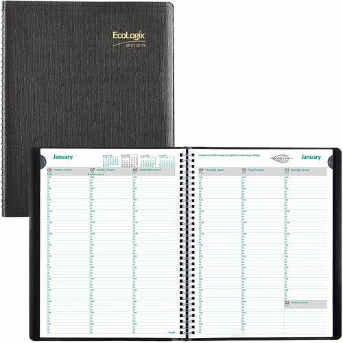 Blueline Recycled Ecologix Weekly Planners - Julian Dates - Weekly - 12 Month - January 2024 - December 2024 - 7:00 AM to 8:45 PM - Quarter-hourly, 7:00 AM to 5:45 PM - Quarter-hourly - 1 Week Double Page Layout - 8 1/2" x 11" Sheet Size - Twin Wire - Bla